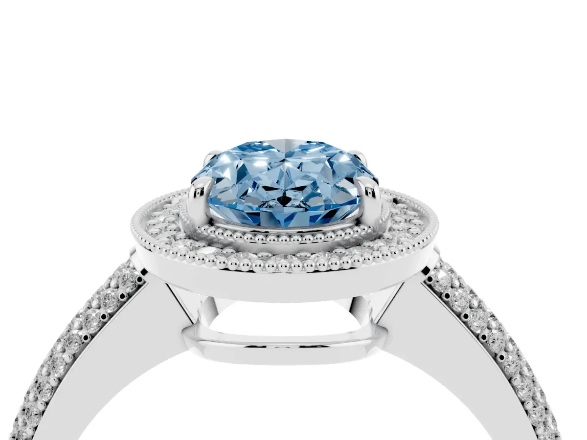 Fancy Blue Oval Cut Cut Halo Diamond Pave Band with Four-Prong Setting Platinum