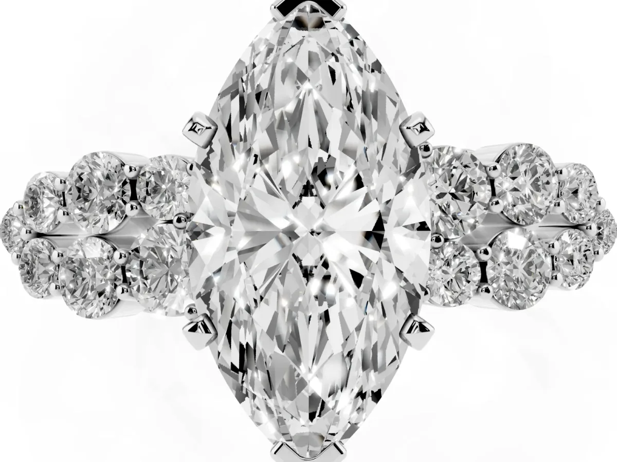 Marquise Cut Cluster Diamond Engagement Ring with Pavé Band and Four-Prong Setting Silver