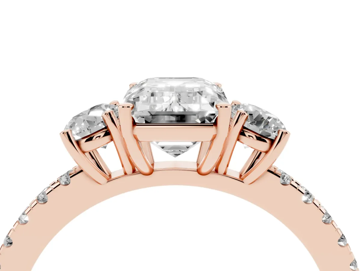 Three-Stone Emerald Cut Cut Diamond Pavé Band with Prong Setting Rose gold
