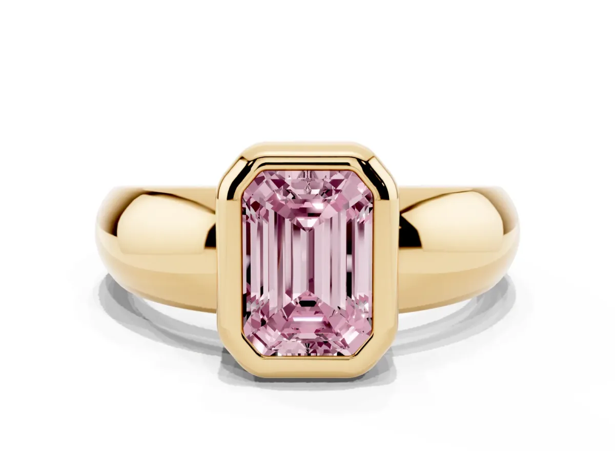 Fancy Pink Bezel Set Emerald Cut Solitaire Ring with Wide Band Yellow gold