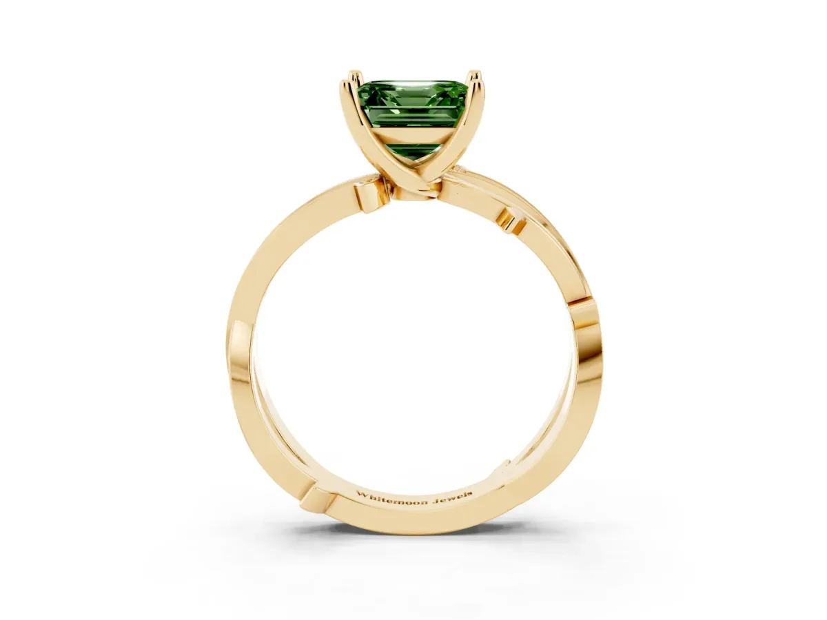 Fancy Green Asscher Cut Solitaire Twist Band with Pavé Accents and Four-Prong Setting Yellow gold