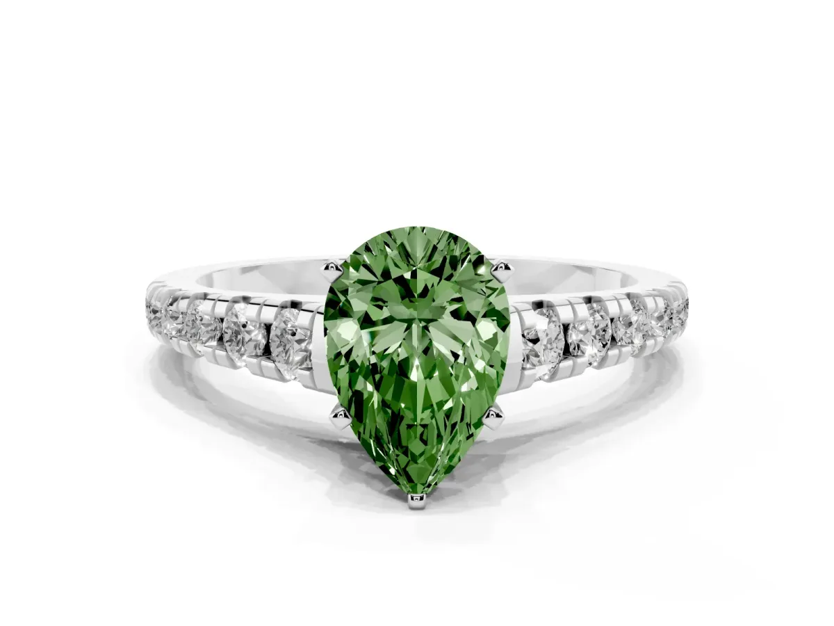 Fancy Green Pear Cut Diamond Cathedral Solitaire Ring with Round Pavé Band Silver