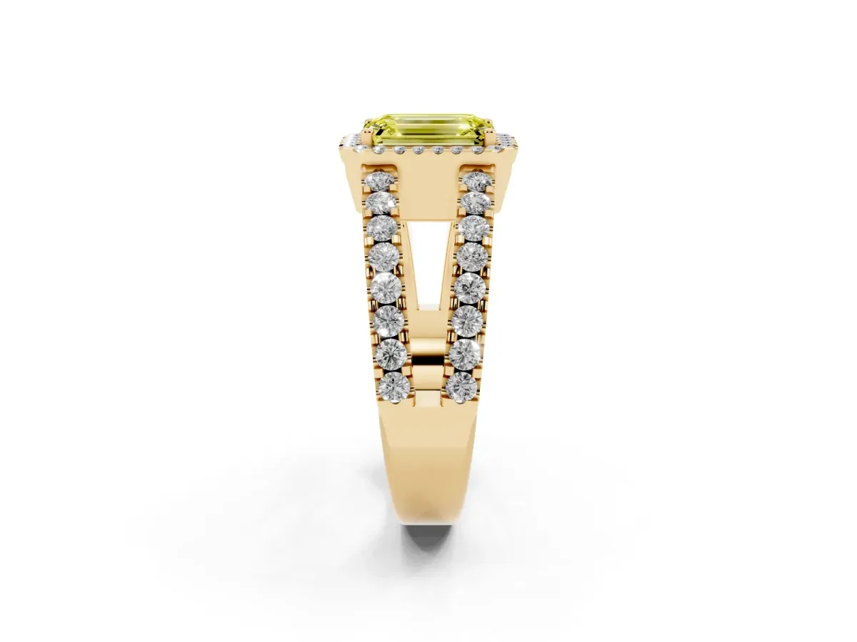 Fancy Yellow Emerald Cut Cut Halo Split Shank Diamond Ring with Four-Prong Setting Yellow gold
