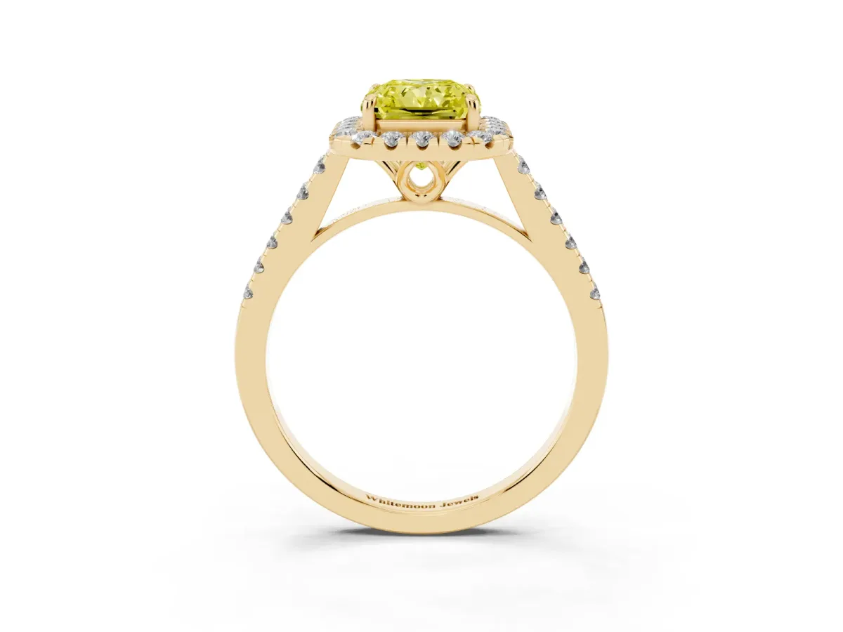 Fancy Yellow Radiant Cut Halo Pavé Diamond Engagement Ring with Four-Prong Setting Yellow gold