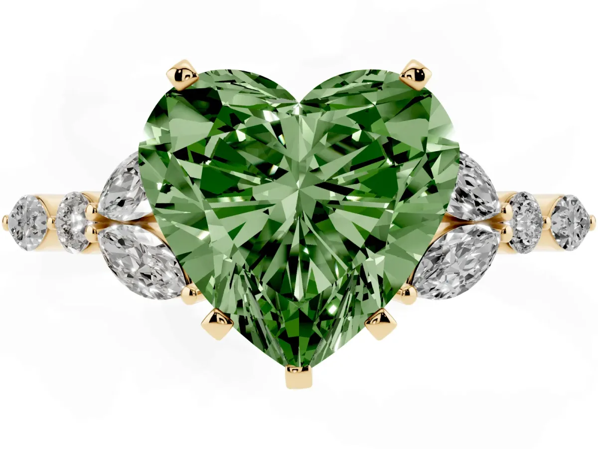Fancy Green Heart Cut Diamond Solitaire Ring with Side Stones and Four-Prong Setting Yellow gold