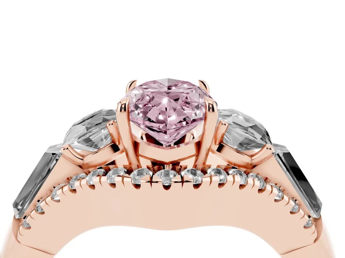 Fancy Pink Three-Stone Marquise Cut Diamond Engagement Ring with Pave Band and Prong Setting Rose gold