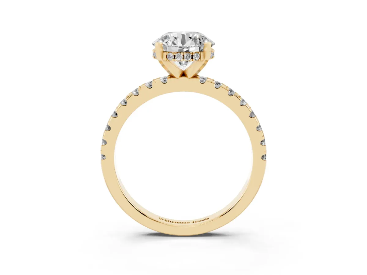 Round Cut Diamond Solitaire Ring with Round Pavé Band and Four-Prong Setting Yellow gold