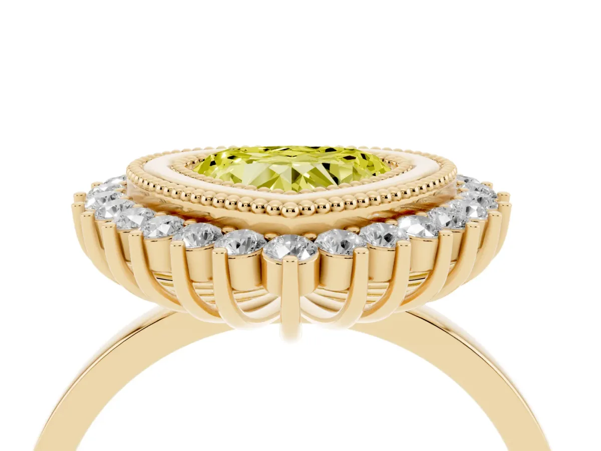 Fancy Yellow Heart Cut Halo Diamond Ring with Milgrain Edge and Round Prong Setting Yellow gold