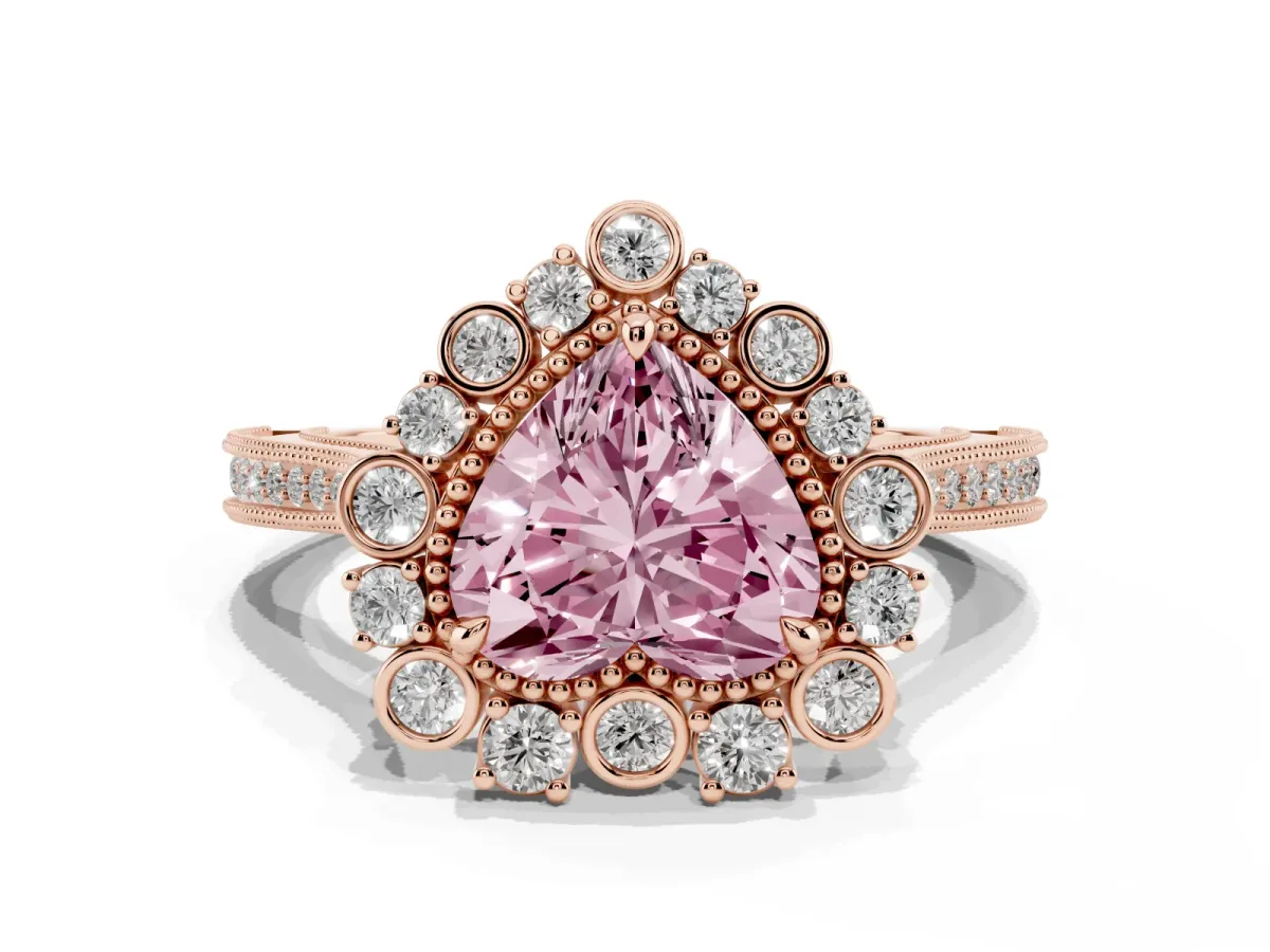 Fancy Pink Heart Cut Halo Milgrain Pave Diamond Ring with Four-Prong Setting Rose gold