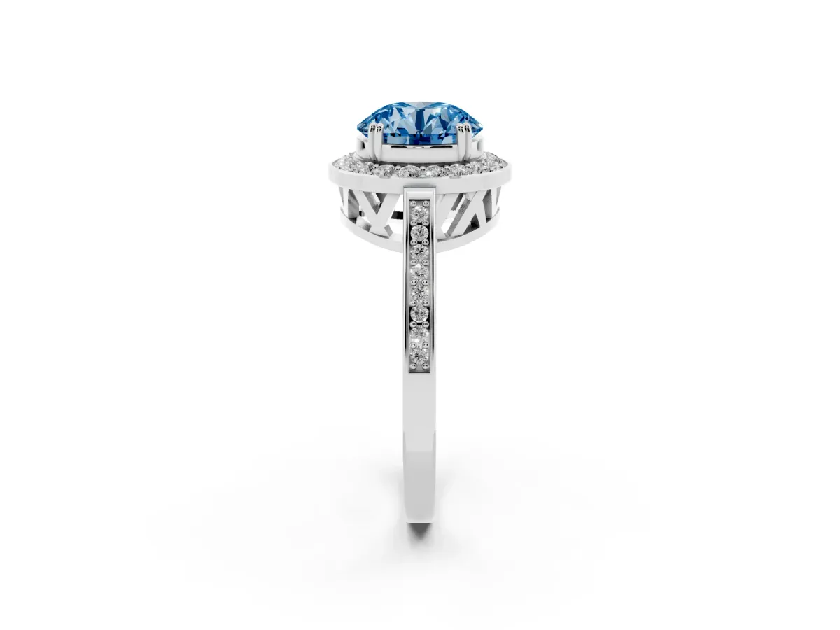 Fancy Blue Round Cut Diamond Halo Ring with Split Shank and Four-Prong Setting White gold