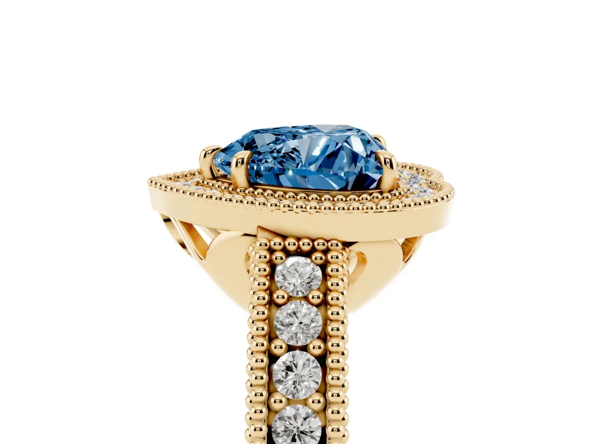 Fancy Blue Heart Cut Cut Halo Diamond Ring with Pavé Band and Four-Prong Setting Yellow gold