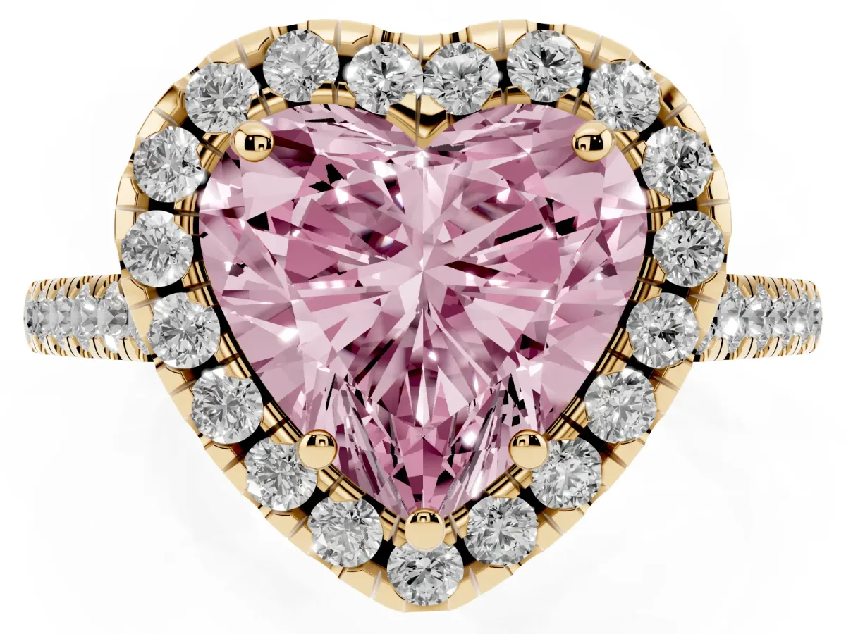 Fancy Pink Heart Cut Halo Pavé Diamond Engagement Ring with Four-Prong Setting Yellow gold