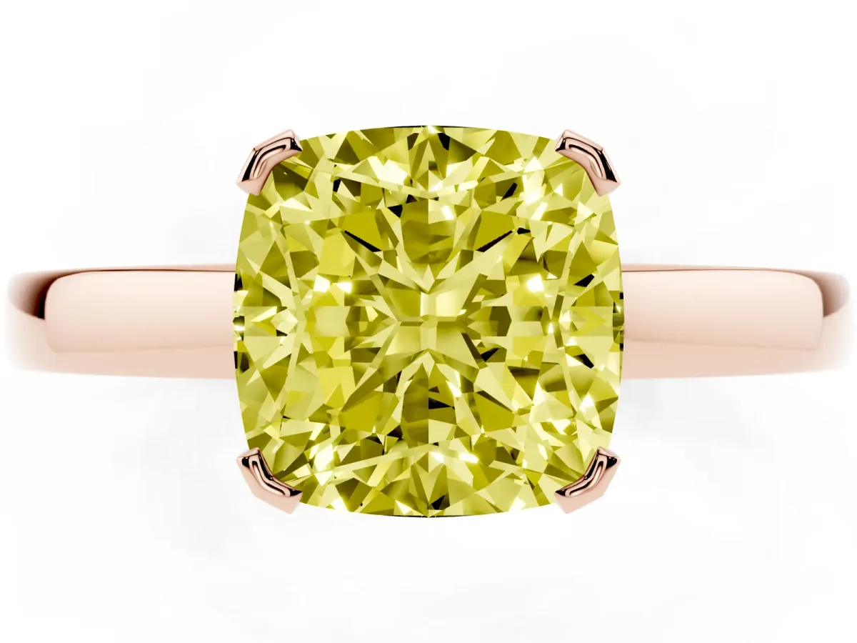 Fancy Yellow Cushion Cut Cut Solitaire Ring with Four-Prong Setting and Classic Band Rose gold
