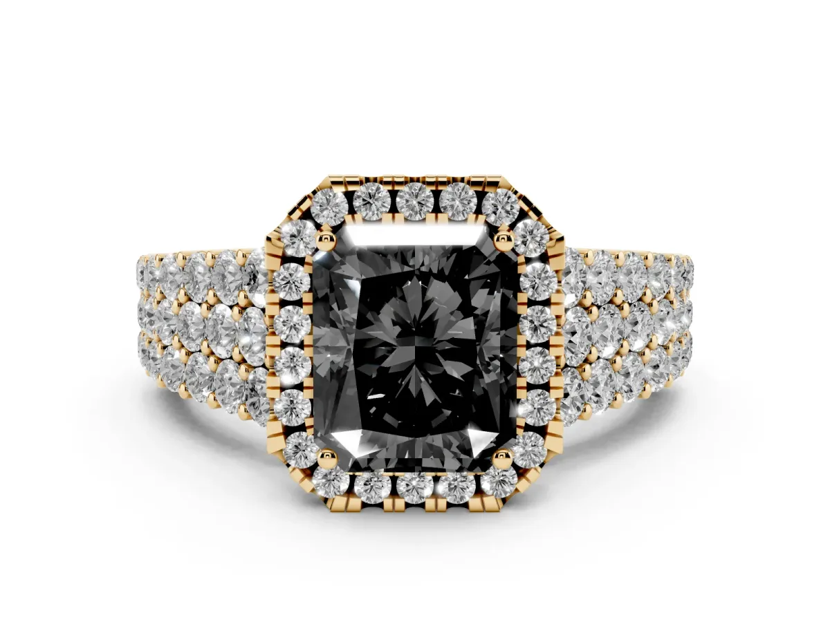 Fancy Black Radiant Cut Diamond Halo Engagement Ring with Triple Row Round Pavé Band and Prong Setting Yellow gold