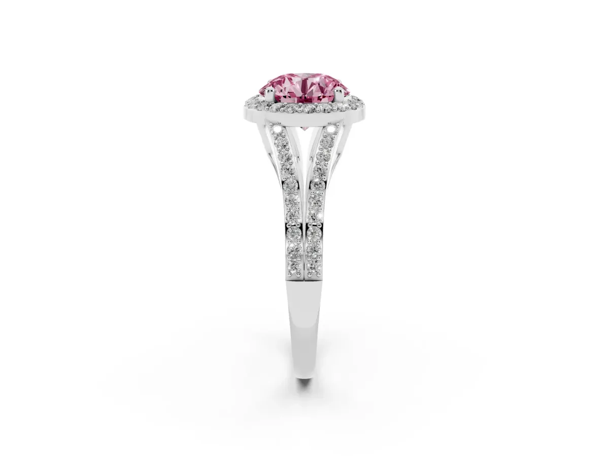 Fancy Pink Round Cut Halo Split Shank Diamond Ring with Prong Setting Silver