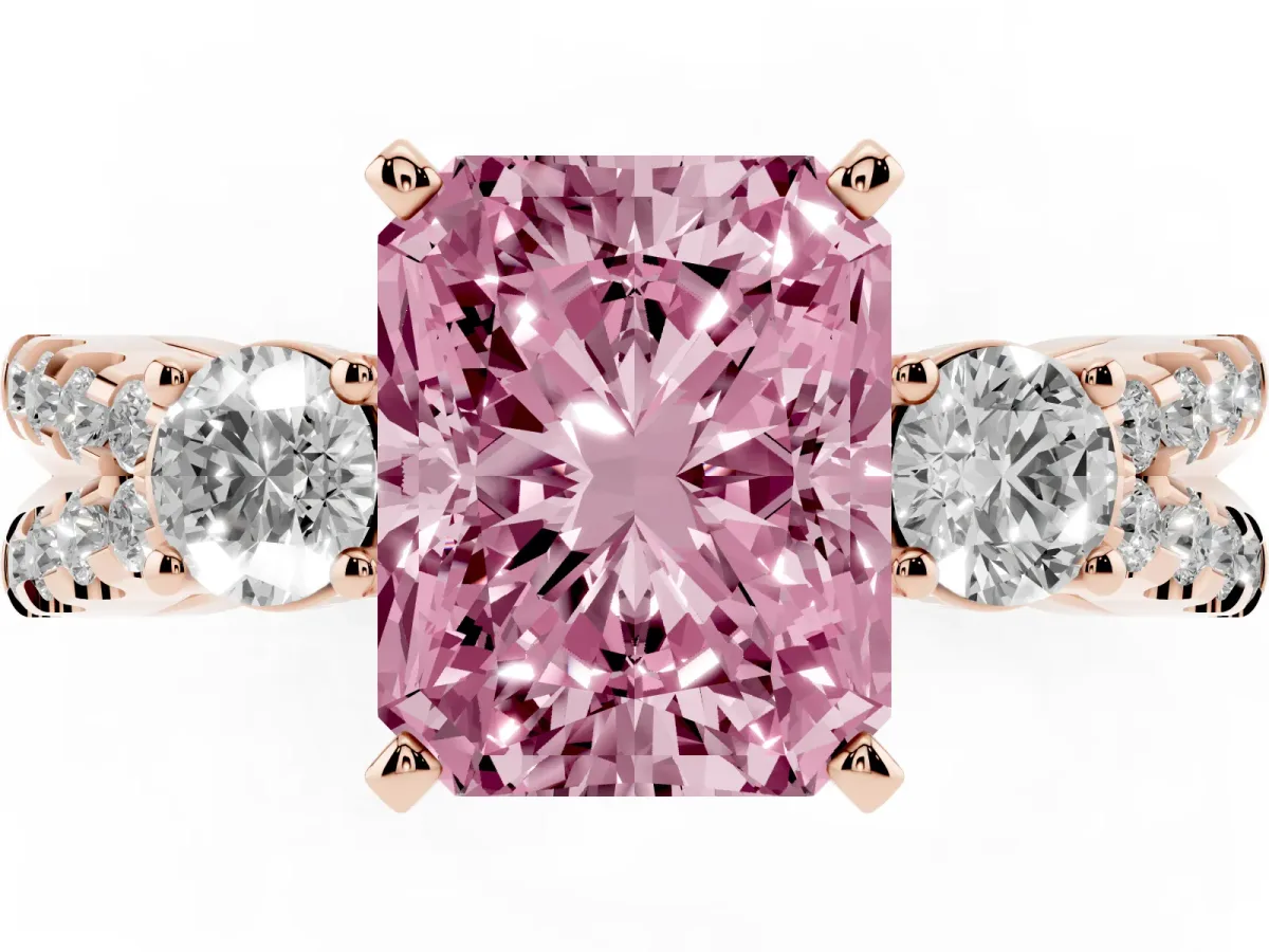 Fancy Pink Radiant Cut Diamond Three-Stone Ring with Pavé Split Shank and Four-Prong Setting Rose gold