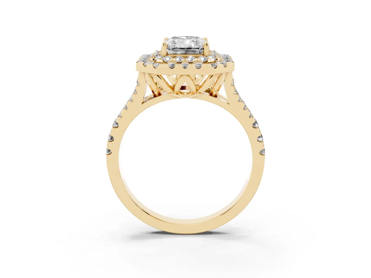 Double Halo Radiant Cut Diamond Pavé Split Shank Ring with Prong Setting Yellow gold
