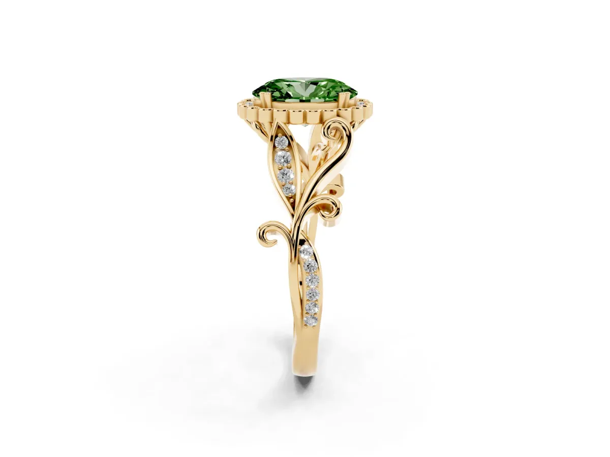 Fancy Green Oval Cut Diamond Halo Ring with Vintage Split Shank and Four-Prong Setting Yellow gold