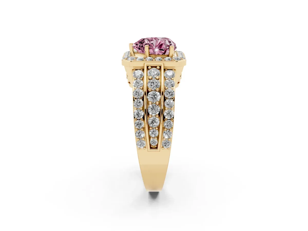 Fancy Pink Heart Cut Halo Diamond Ring with Round Split Shank and Prong Setting Yellow gold