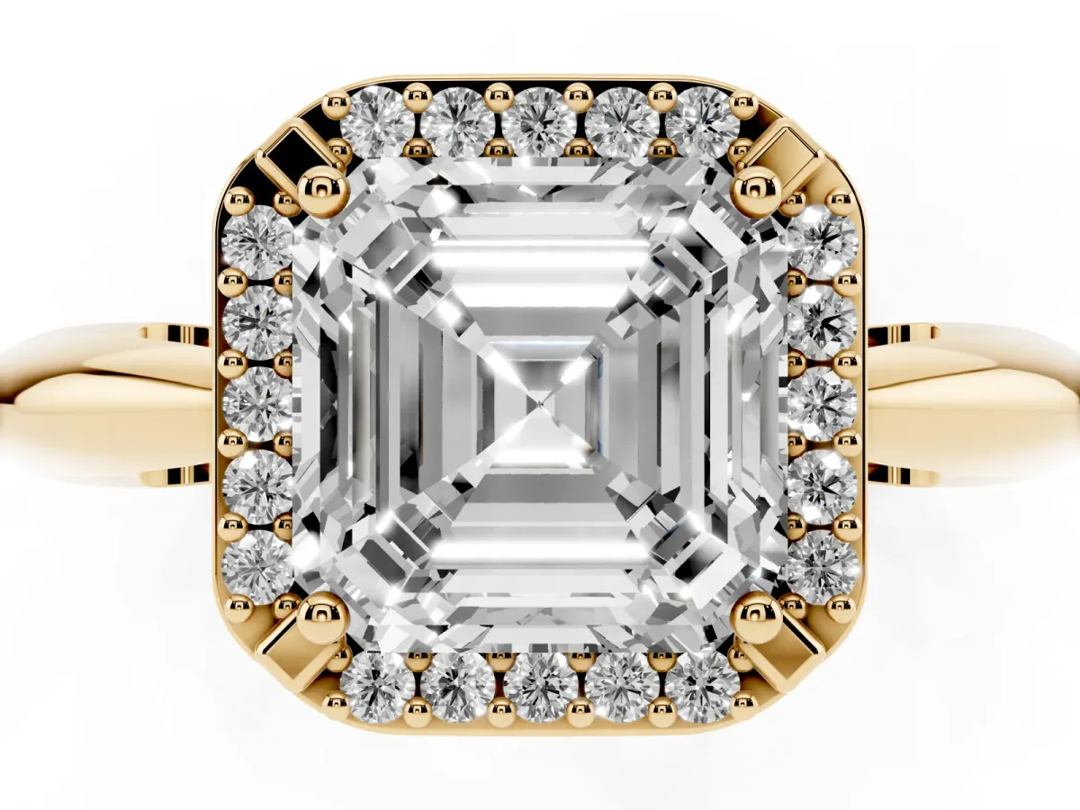 Asscher Cut Cut Diamond Halo Engagement Ring with Split Shank and Four-Prong Setting Yellow gold