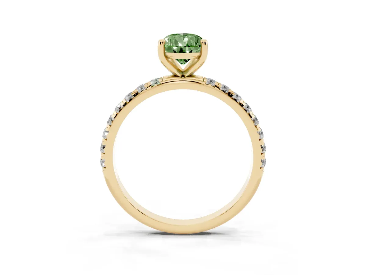 Fancy Green Pear Cut Cut Diamond Solitaire Ring with Micro Pave Band and Four Prong Setting Yellow gold