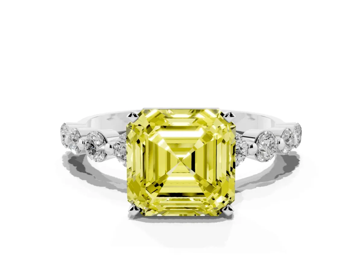 Fancy Yellow Asscher Cut Solitaire Diamond Ring with Pave Band and Four-Prong Setting Silver