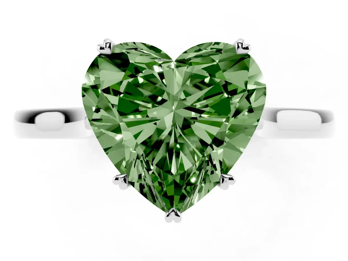 Fancy Green Heart Cut Solitaire Heart Prong Engagement Ring with Tapered Band White gold
