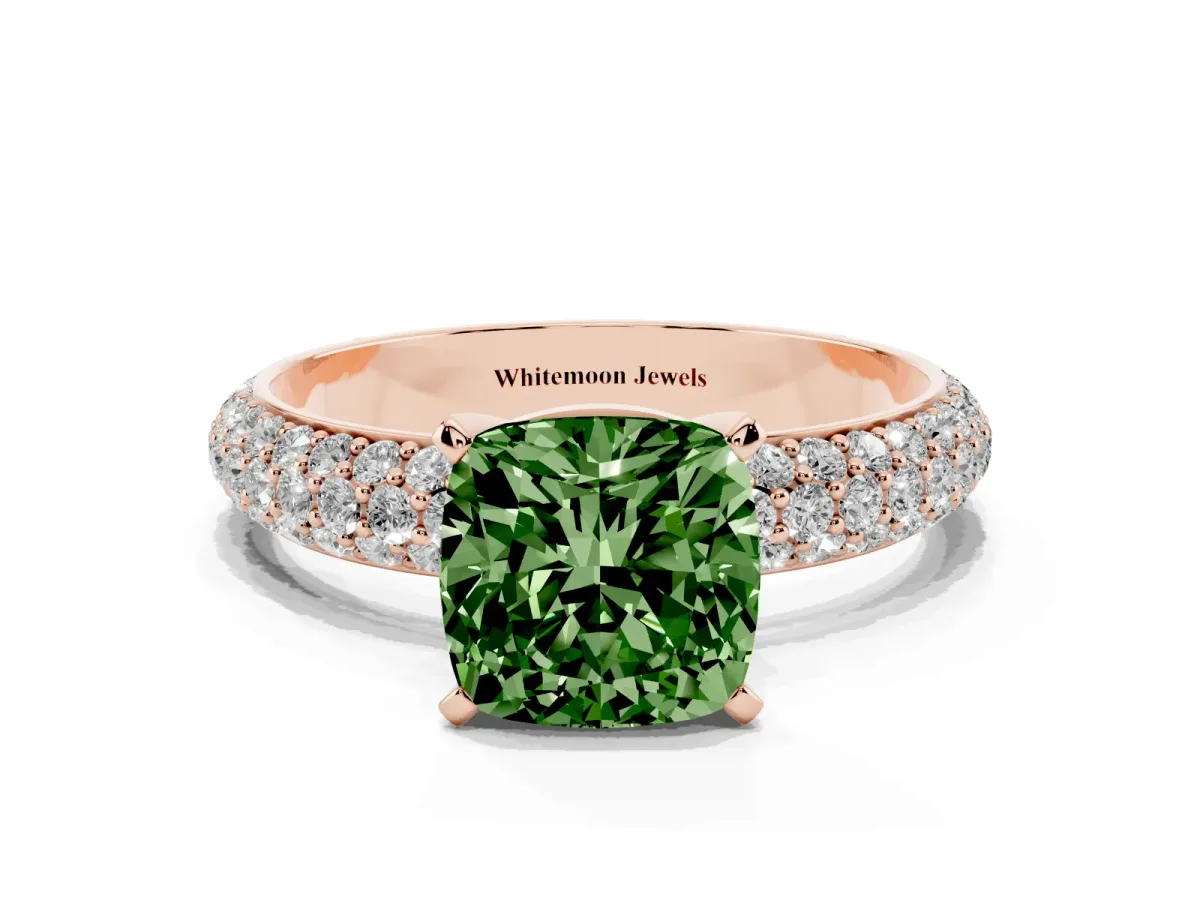 Fancy Green Cushion Cut Diamond Solitaire Ring with Prong Setting and Pavé Band Rose gold