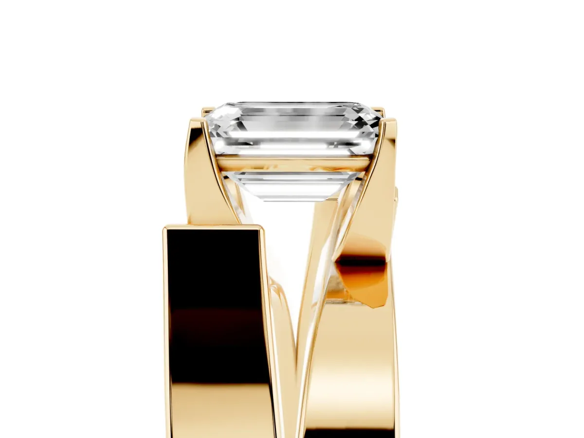 Modern Tension Set Emerald Cut Diamond Solitaire Wide Band Ring Yellow gold