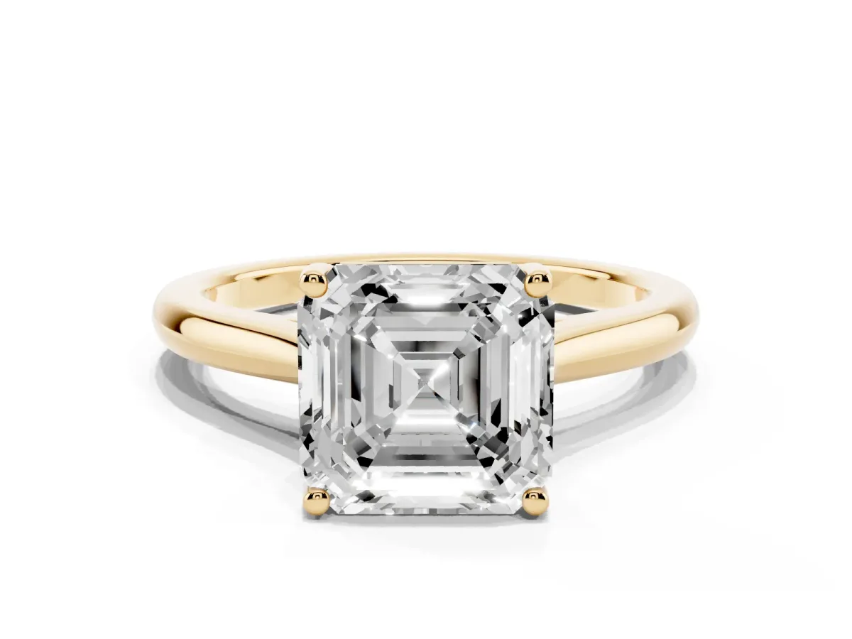 Asscher Cut Cut Solitaire Ring with Cathedral Band and Four-Prong Setting Yellow gold