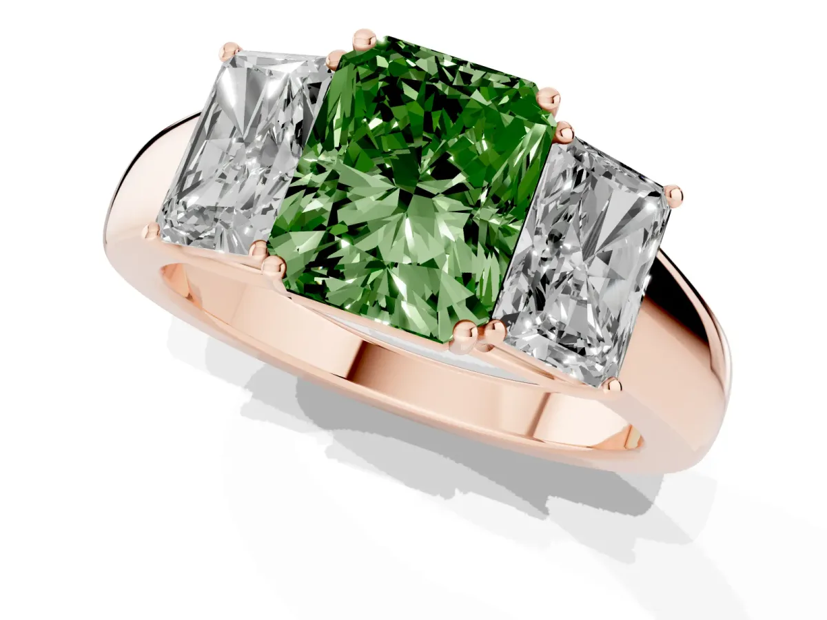 Fancy Green Three-Stone Radiant Cut Cut Diamond Ring with Prong Setting and Classic Band Rose gold