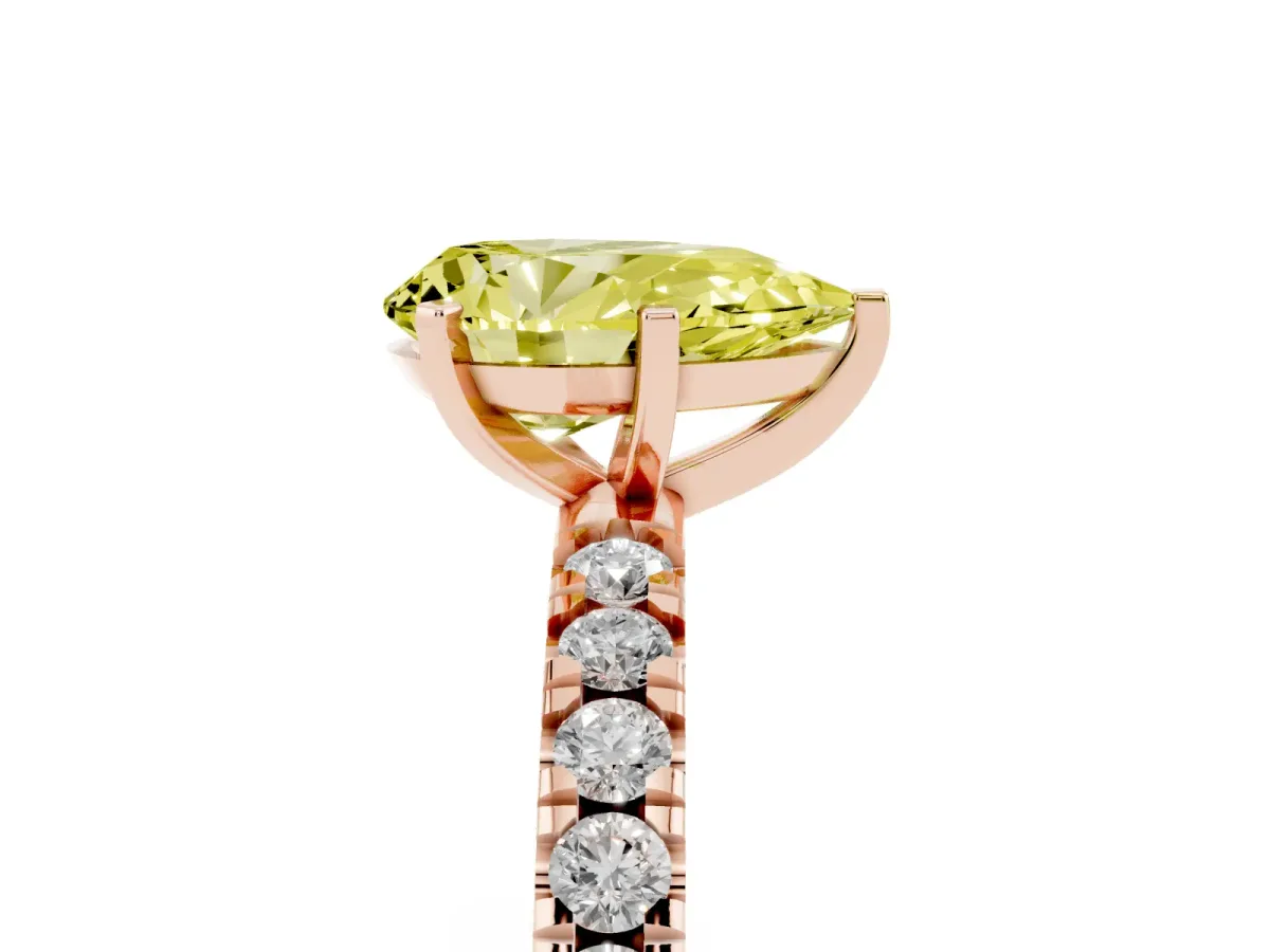 Fancy Yellow Pear Cut Diamond Pavé Band Solitaire with Four-Prong Setting Rose gold