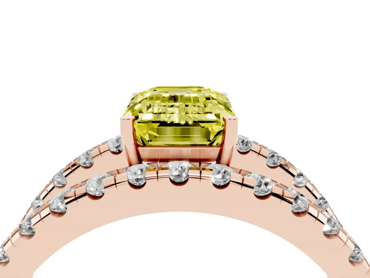 Fancy Yellow Emerald Cut Solitaire Split Shank Pave Diamond Ring Rose gold