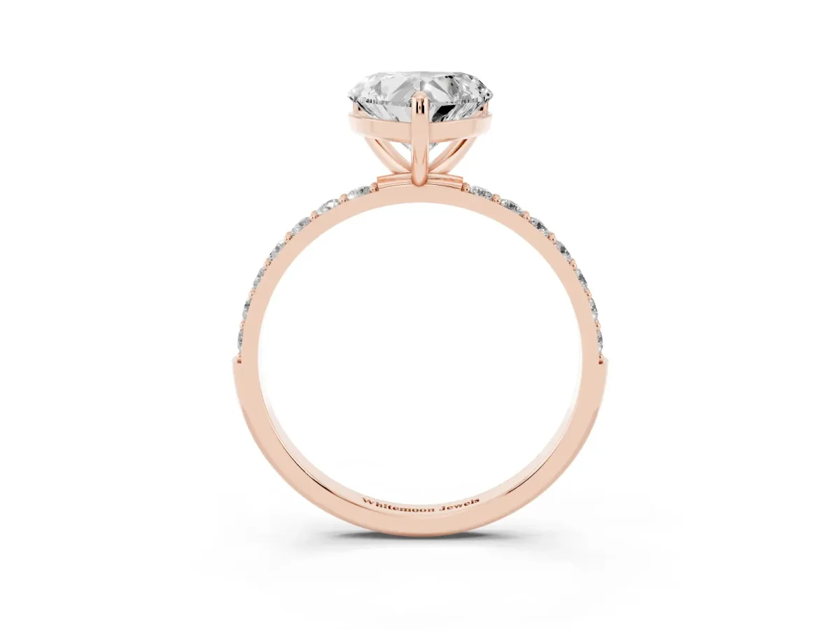 Heart Cut Diamond Solitaire Ring with Round Pavé Band and Prong Setting Rose gold