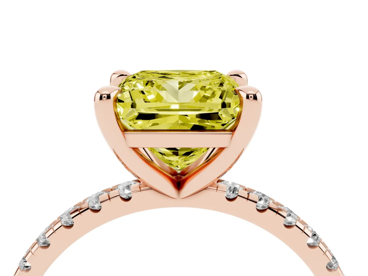 Fancy Yellow Princess Cut Diamond Brilliant Solitaire Ring with Pavé Band and Four-Prong Setting Rose gold