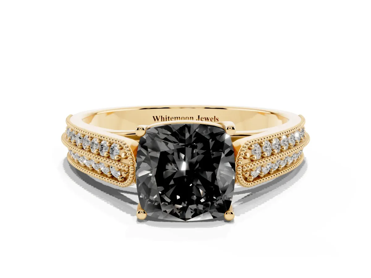 Fancy Black Cushion Cut Cut Pave Split Shank Engagement Ring with Four-Prong Setting Yellow gold