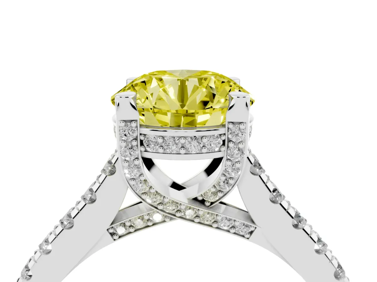 Fancy Yellow Round Cut Brilliant Diamond Solitaire with Pavé Band and Four-Prong Setting White gold
