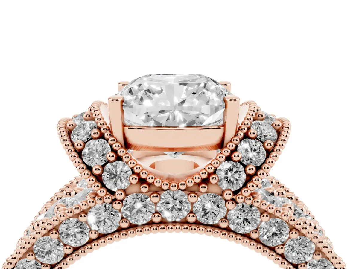 Cushion Cut Halo Pave Diamond Engagement Ring with Milgrain Detailing Rose gold