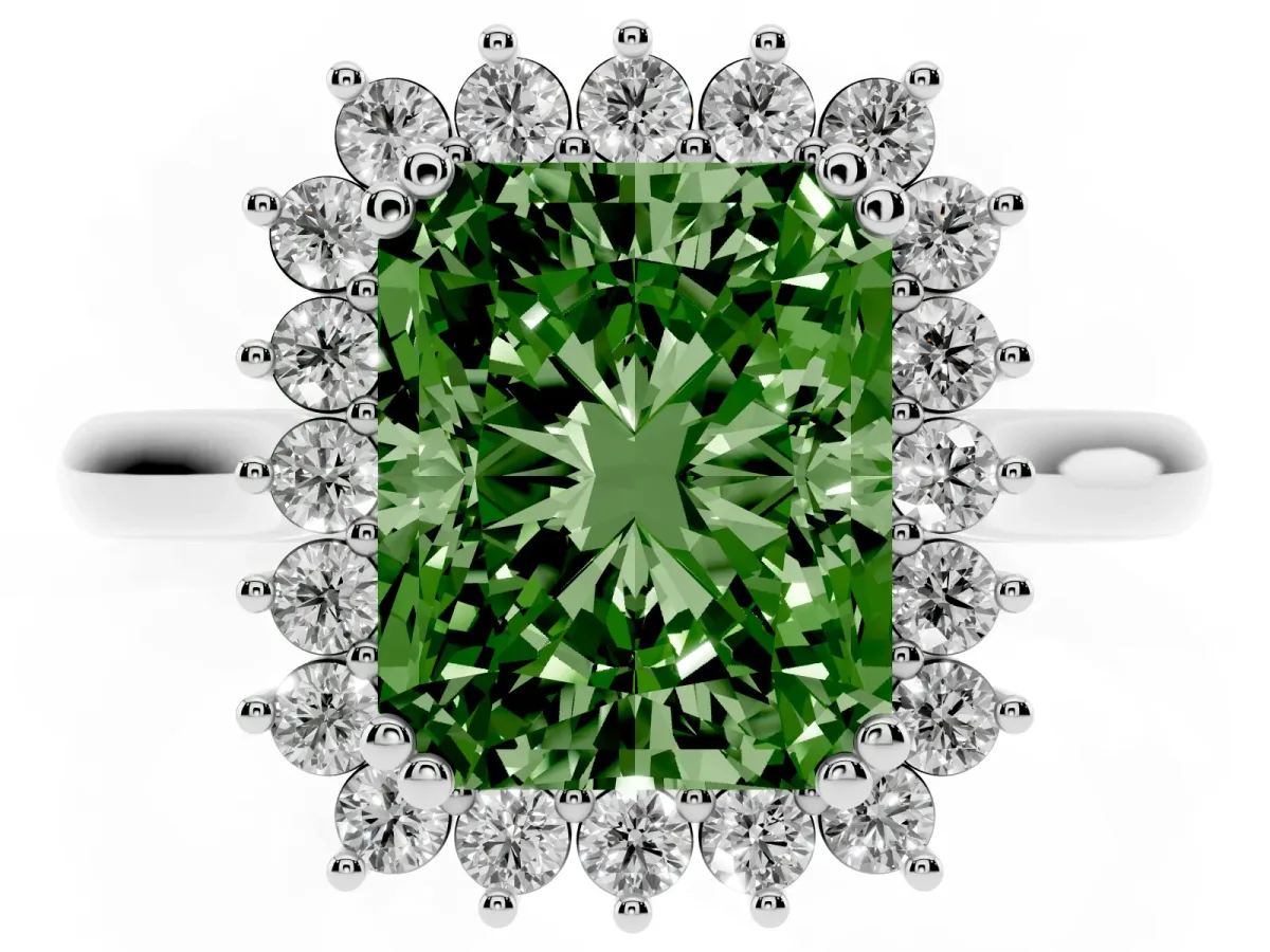 Fancy Green Radiant Cut Cut Diamond Halo Ring with Solitaire Band and Prong Setting Silver