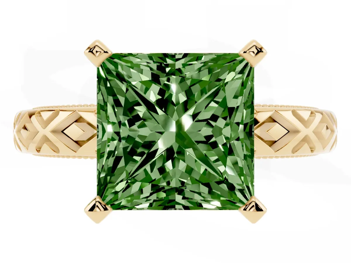 Fancy Green Princess Cut Solitaire Diamond Ring with Milgrain and Black Enamel X Pattern Band Yellow gold