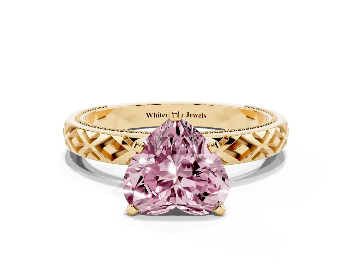 Fancy Pink Heart Cut Solitaire Diamond Ring with Milgrain and Black Enamel X Pattern Band Yellow gold