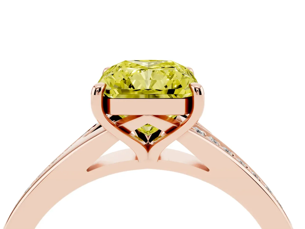 Fancy Yellow Radiant Cut Diamond Solitaire Ring with Pavé Band and Prong Setting Rose gold