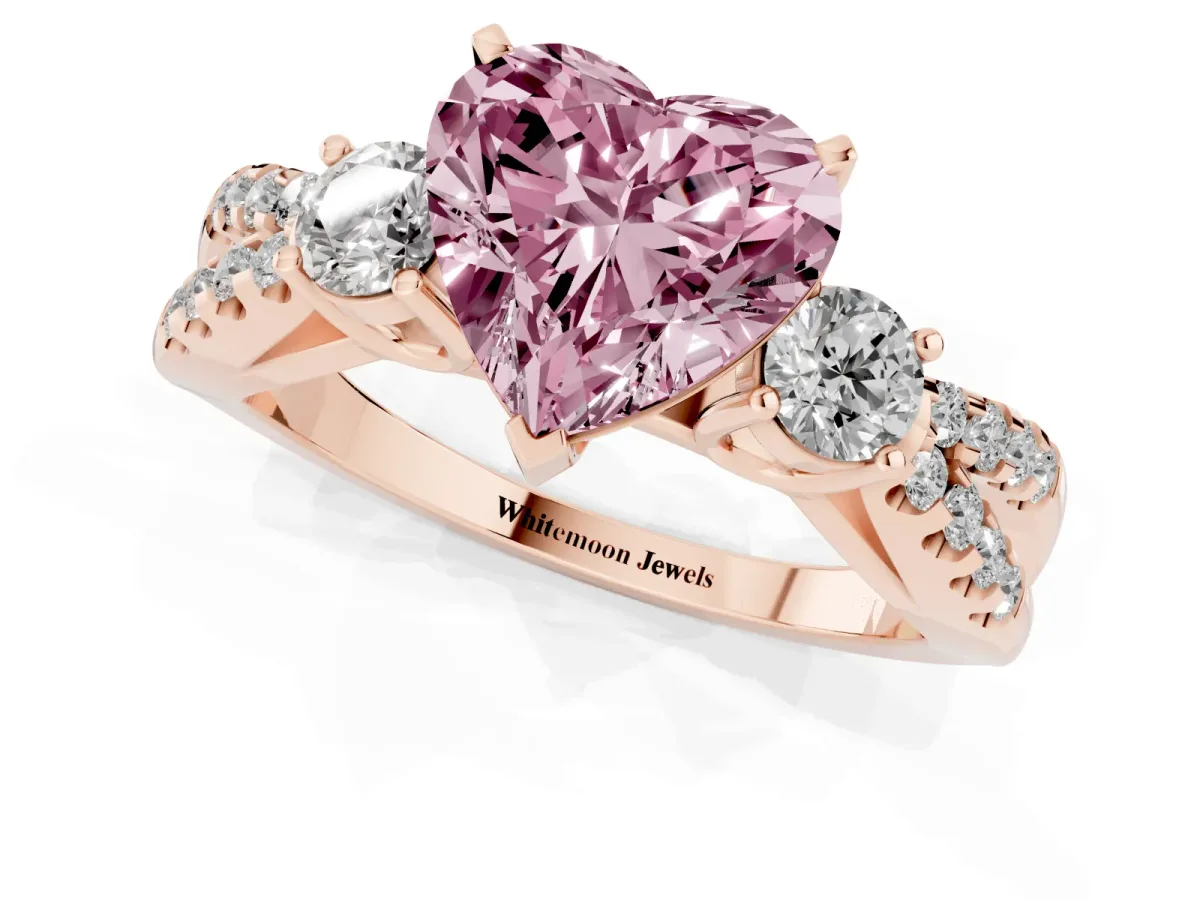 Fancy Pink Heart Cut Diamond Three-Stone Ring with Pavé Split Shank and Four-Prong Setting Rose gold