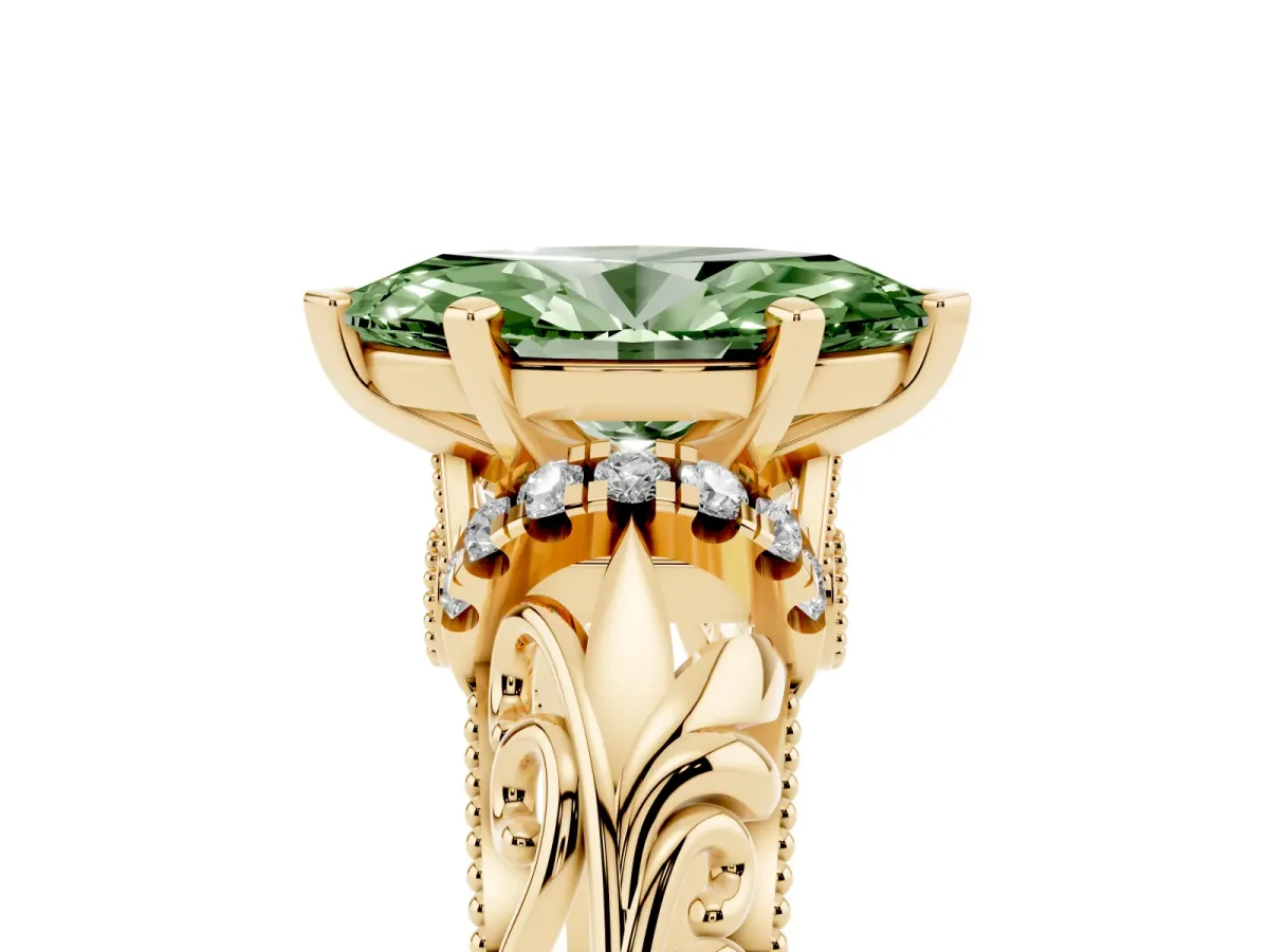 Fancy Green Marquise Cut Solitaire Filigree Engagement Ring with Halo and Prong Setting Yellow gold