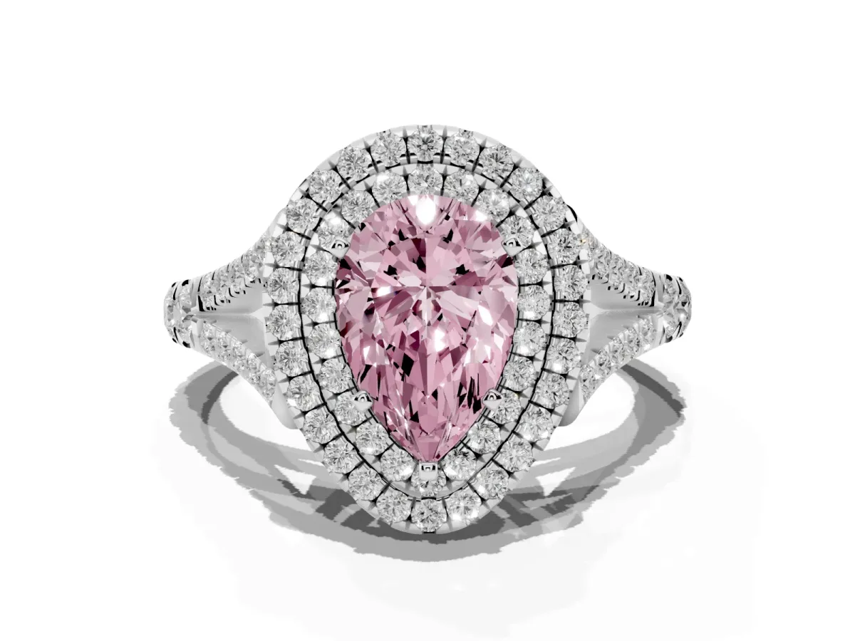 Fancy Pink Pear Cut Cut Double Halo Split Shank Diamond Ring with Prong Setting Silver