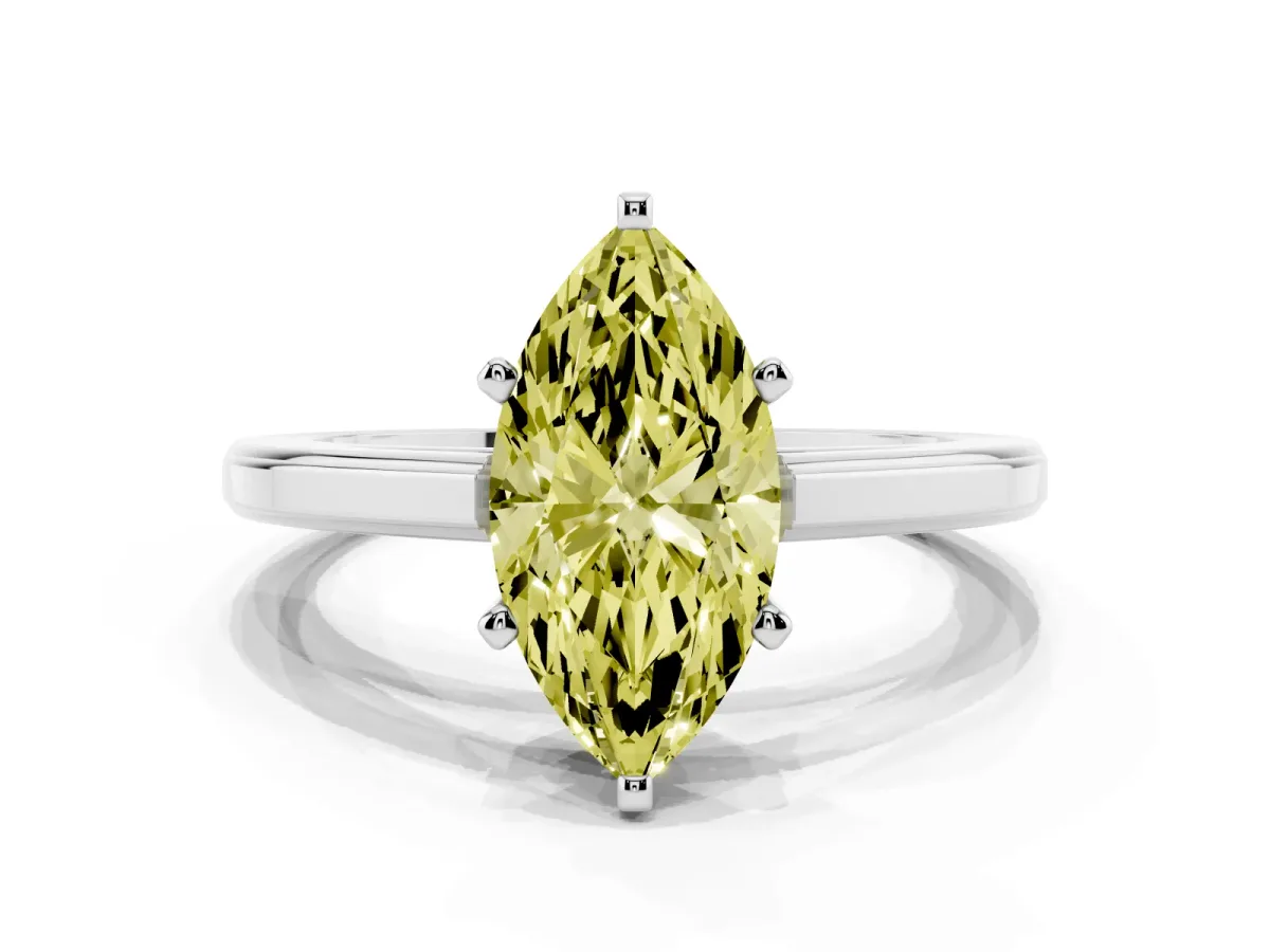 Fancy Yellow Marquise Cut Solitaire Diamond Ring with Four-Prong Setting and Classic Band Platinum