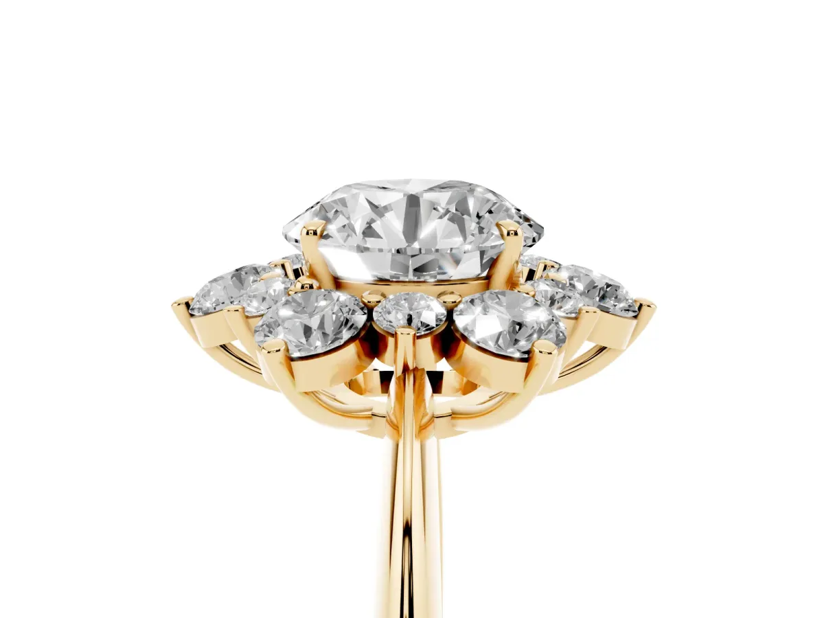 Round Cut Diamond Cluster Halo Ring with Solitaire Band and Four-Prong Setting Yellow gold