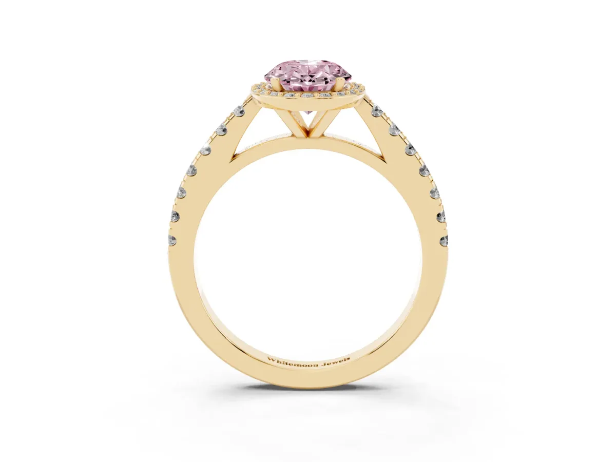 Fancy Pink Oval Cut Cut Halo Diamond Engagement Ring with Pave Band and Four-Prong Setting Yellow gold