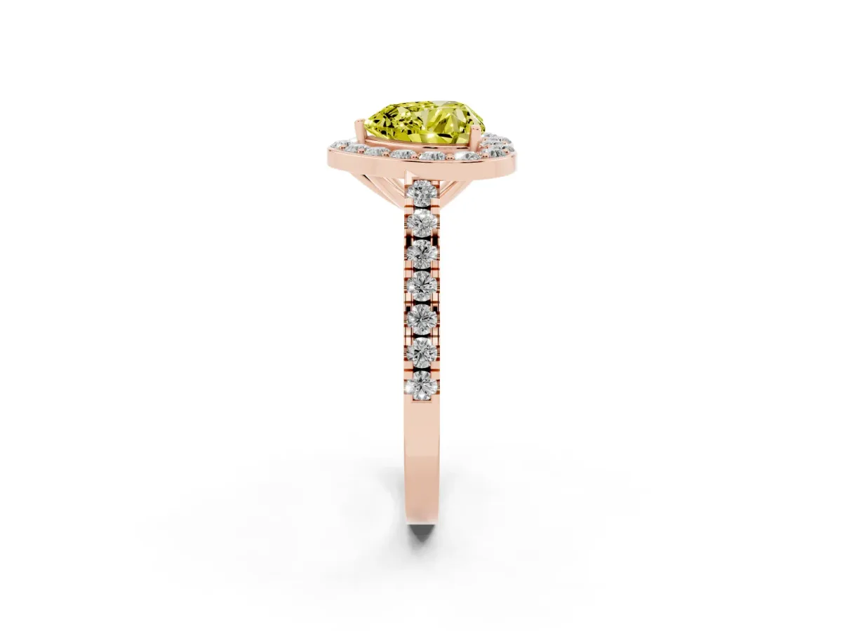 Fancy Yellow Heart Cut Diamond Halo Ring with Round Pavé Split Shank and Prong Setting Rose gold