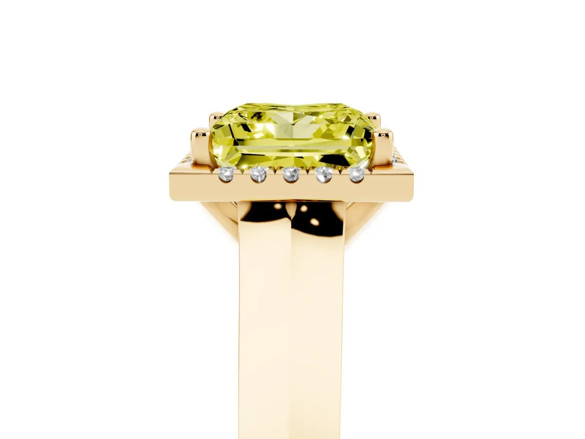 Fancy Yellow Princess Cut Halo Diamond Ring with Cathedral Band and Four-Prong Setting Yellow gold